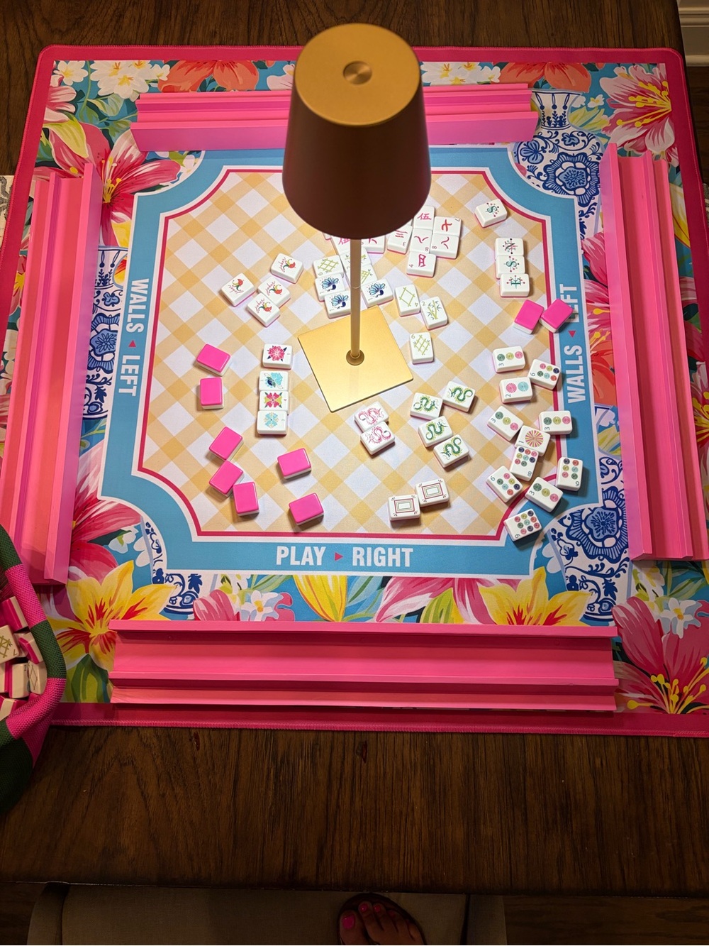 Lovely pink Mahjong tile set complete with wood racks and magnetic pushers-